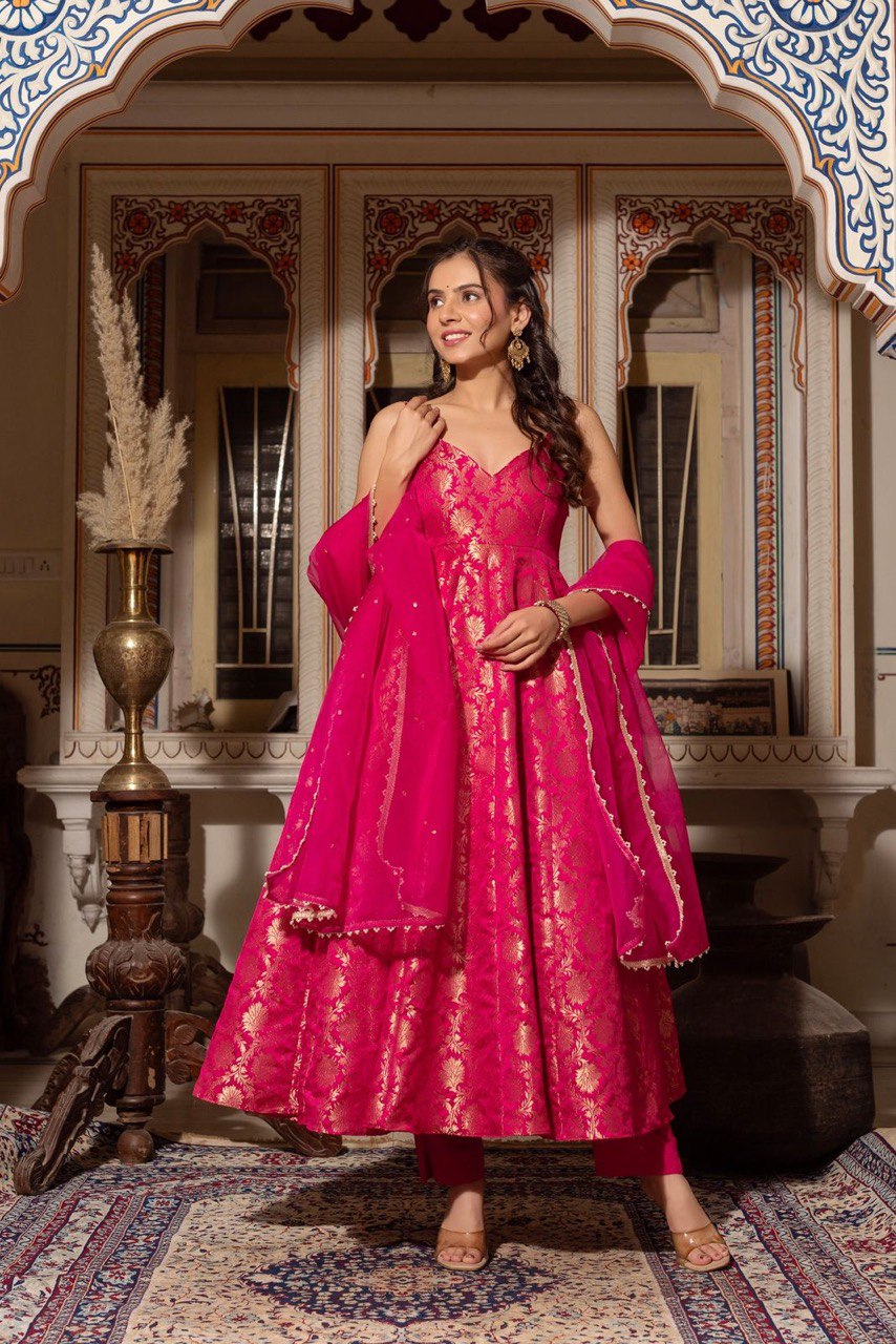 "Elegant Jacquard Silk Ensemble with Cotton Micro Pants & Soft Butterfly Net Dupatta"