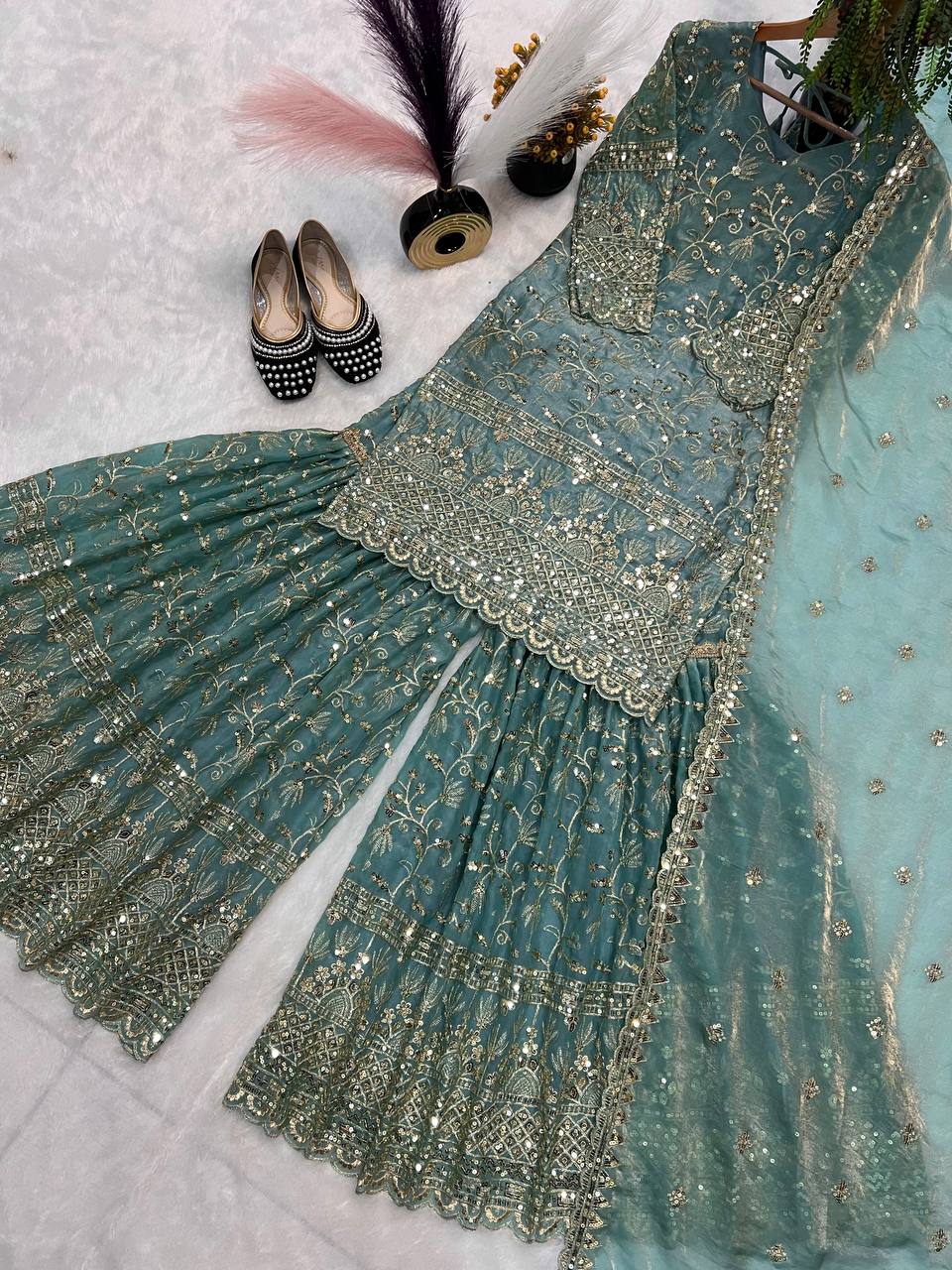 Heavy Fandy Crush Silk Kurta Sharara Set