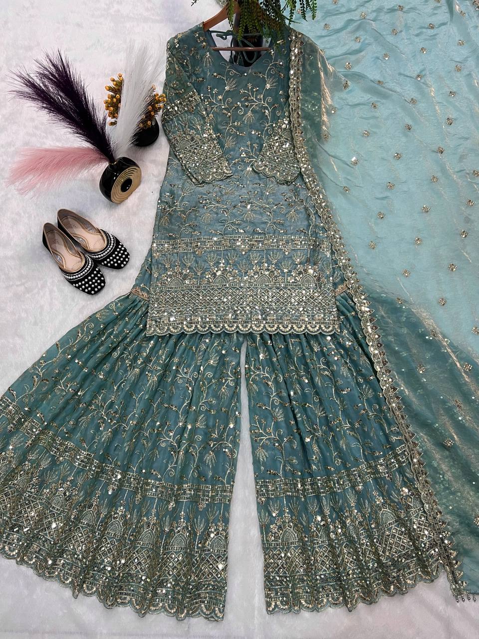 Heavy Fandy Crush Silk Kurta Sharara Set