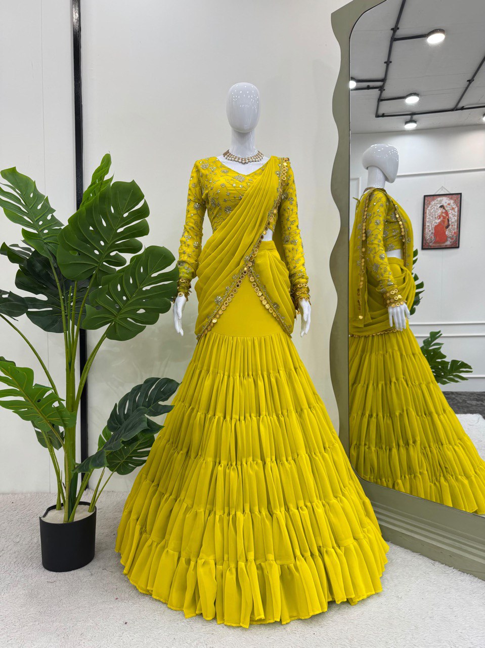 "Elegant Faux Georgette Lehenga Saree Set with Coin Lace Border & Thread Work Choli"