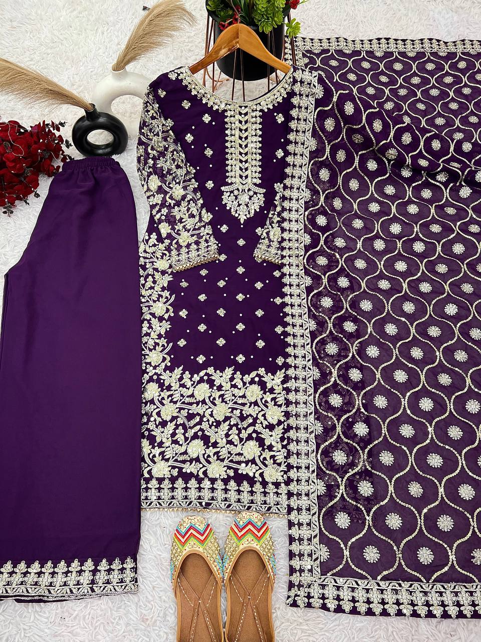 Luxury Faux Georgette Top, Pant, and Dupatta Set with Detailed Embroidery