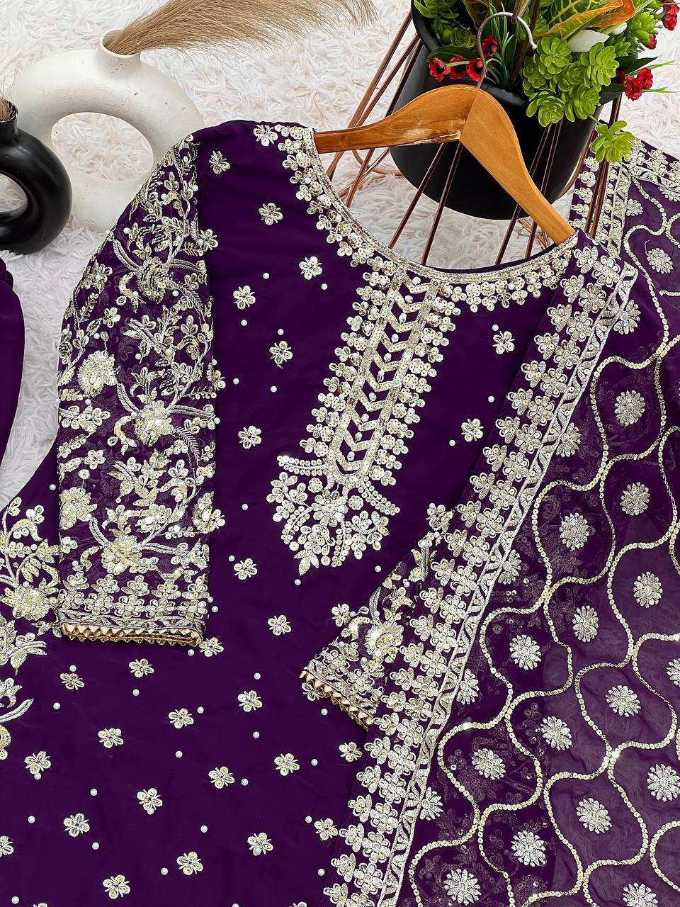 Luxury Faux Georgette Top, Pant, and Dupatta Set with Detailed Embroidery