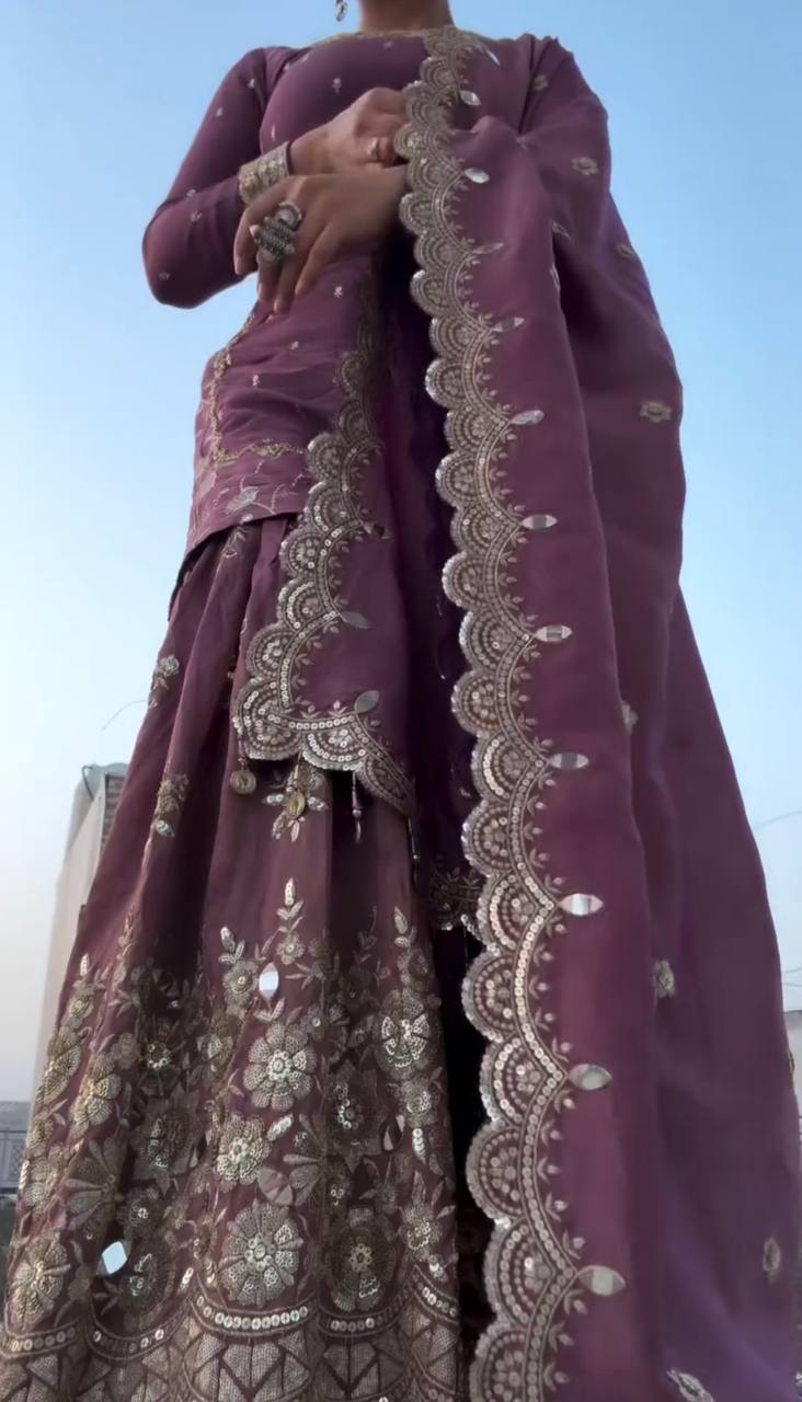 "Elegant Embroidered Twill Net Top, Plazzo & Dupatta Set with Sequence Work"