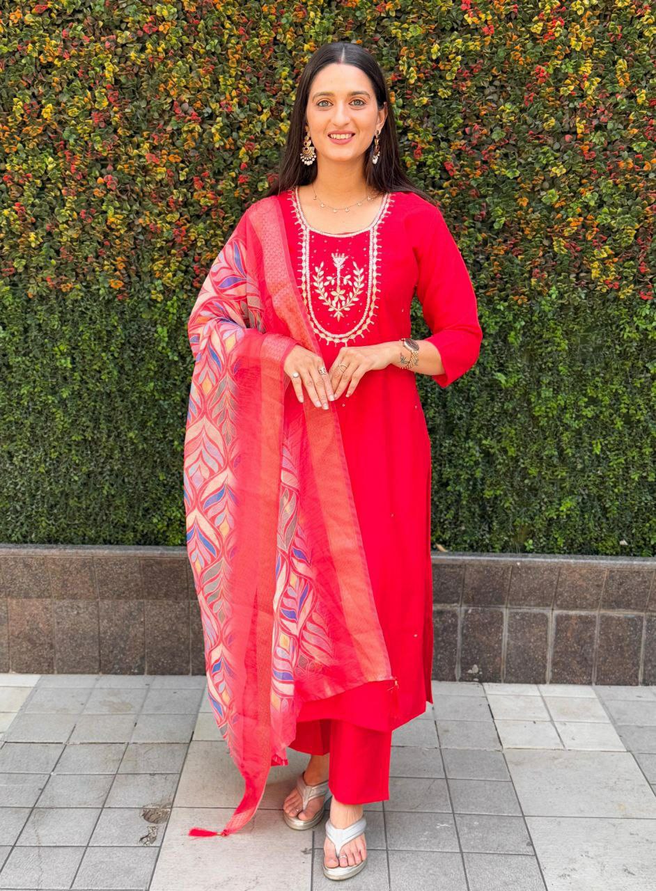 "Premium Red Roman Silk Dress with Heavy Chanderi Dupatta and Handwork"