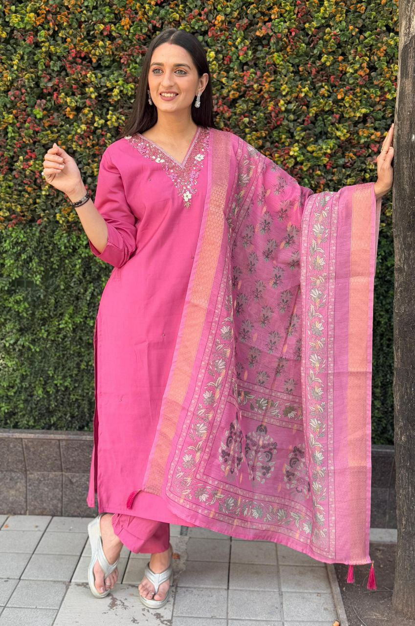 "Rouge Premium Roman Silk Dress with Heavy Chanderi Dupatta and Handwork"