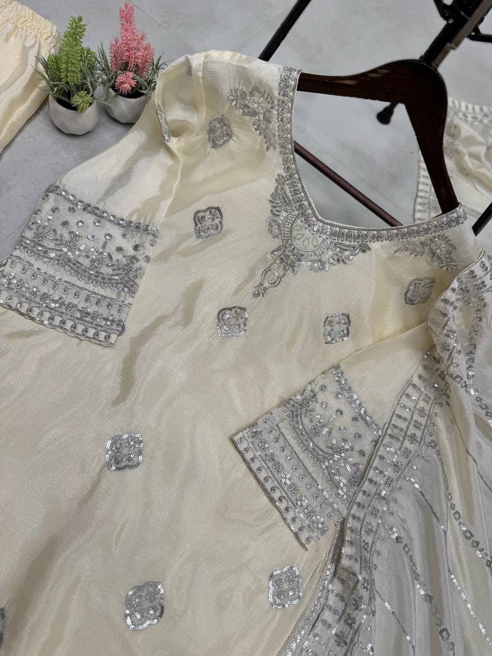 "Elegant Chinon Sequence Embroidered Sharara Set with Dupatta"