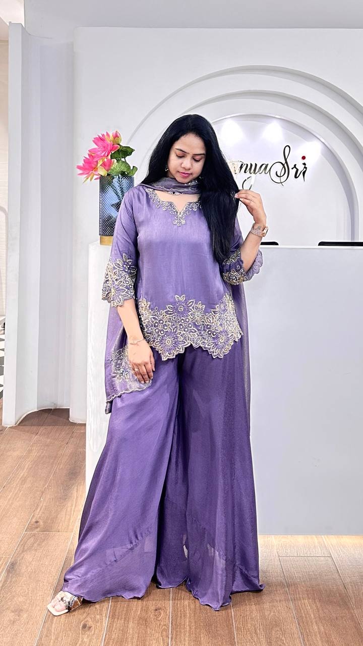 Graceful Embroidery Sequence Work Top, Plazzo & Dupatta Set