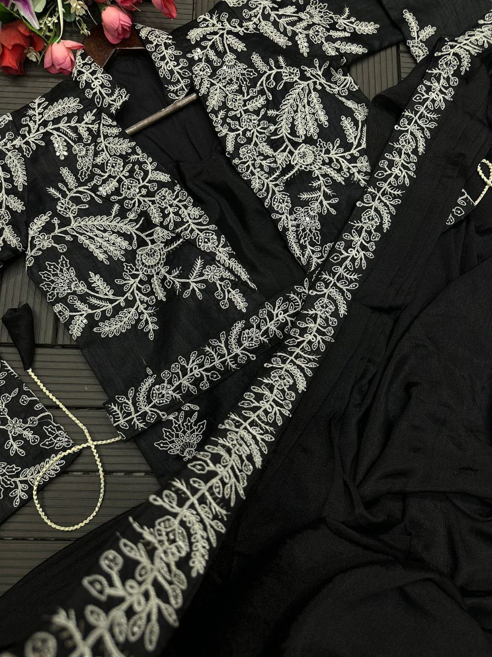 "Elegantly Embroidered Heavy Chinon Saree Set with Jacket and Belt"