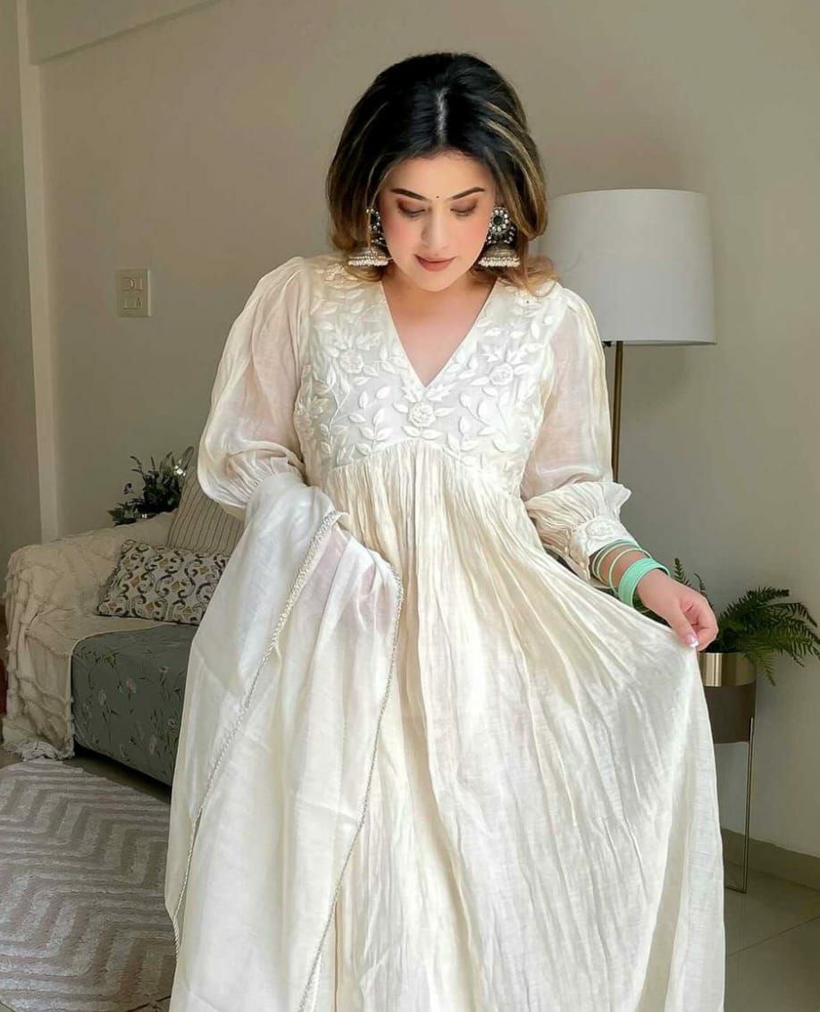 "Premium Embroidered Chanderi Silk Gown with Lace Detailing & Dupatta"