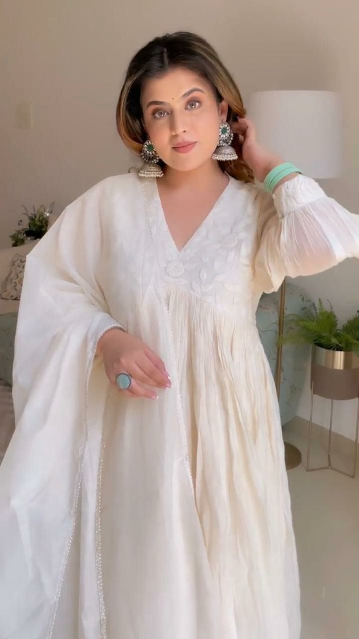 "Premium Embroidered Chanderi Silk Gown with Lace Detailing & Dupatta"