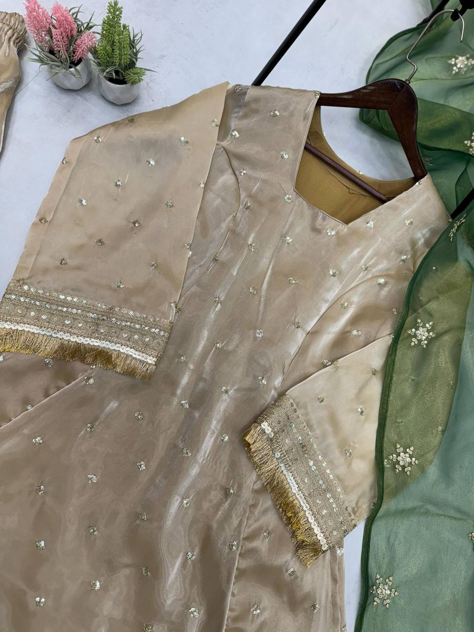 "Luxury Jimmy Choo Embroidered Nayra Cut Set with Sequence Work & Silver Gold Dupatta"