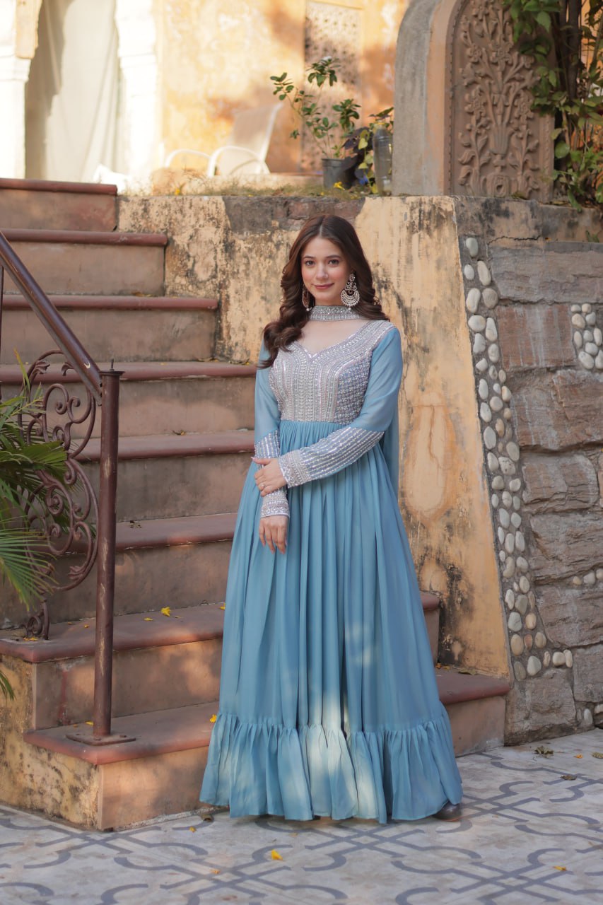 "Elegant Star Georgette Embroidered Gown with Beads & Sequins Work and Matching Dupatta"