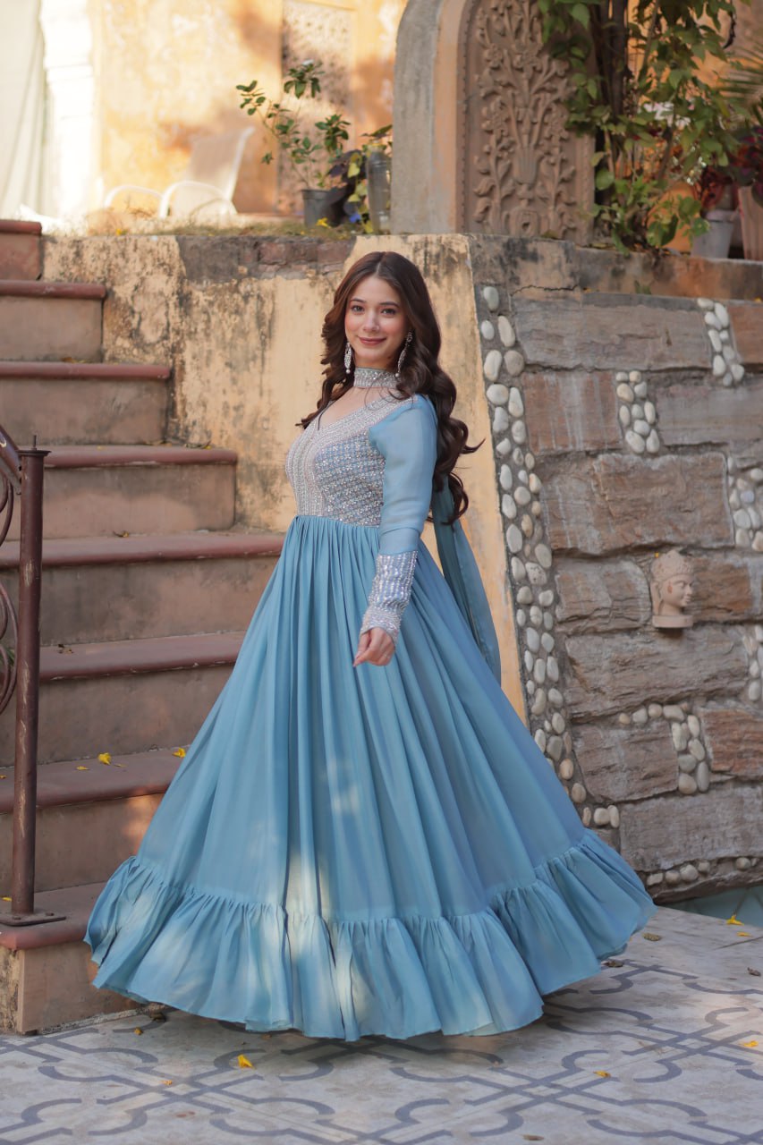 "Elegant Star Georgette Embroidered Gown with Beads & Sequins Work and Matching Dupatta"