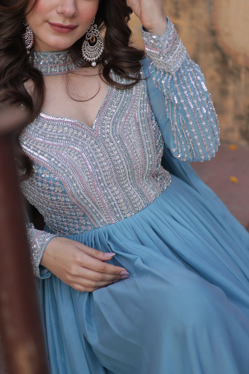 "Elegant Star Georgette Embroidered Gown with Beads & Sequins Work and Matching Dupatta"