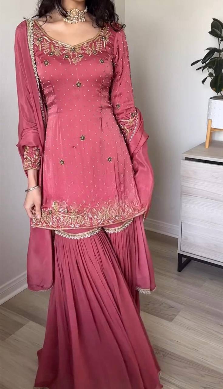 "Opulent Gold Crush Embroidered Top & Plazzo Set with Beads and Lace Dupatta"
