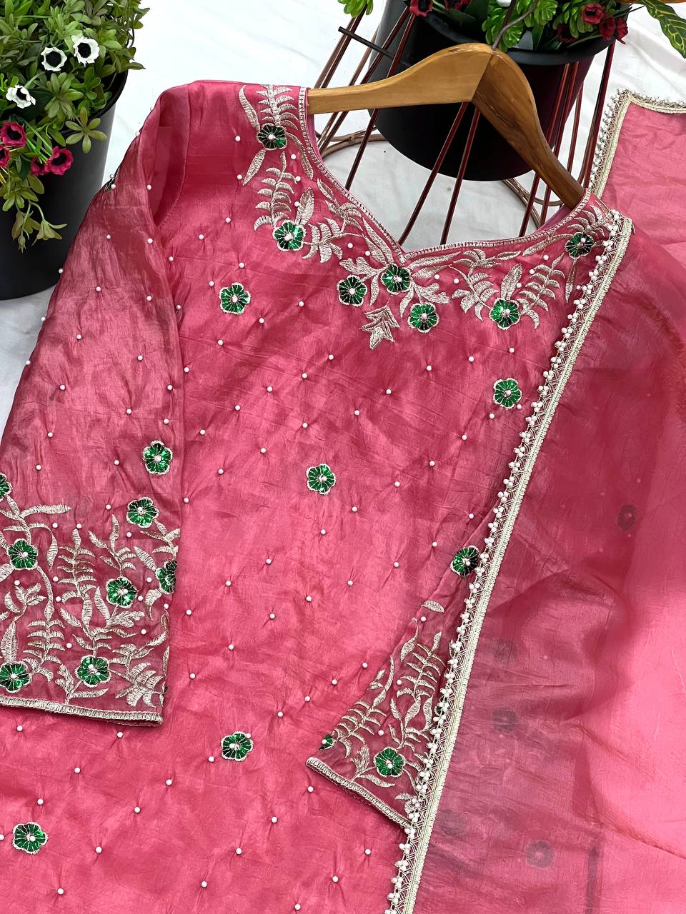 "Opulent Gold Crush Embroidered Top & Plazzo Set with Beads and Lace Dupatta"