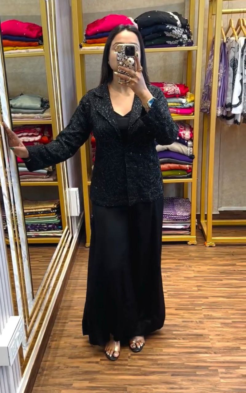 "Elegant Chinon Palazzo Set with Bangalore Embroidery Koti & Stitched Blouse"