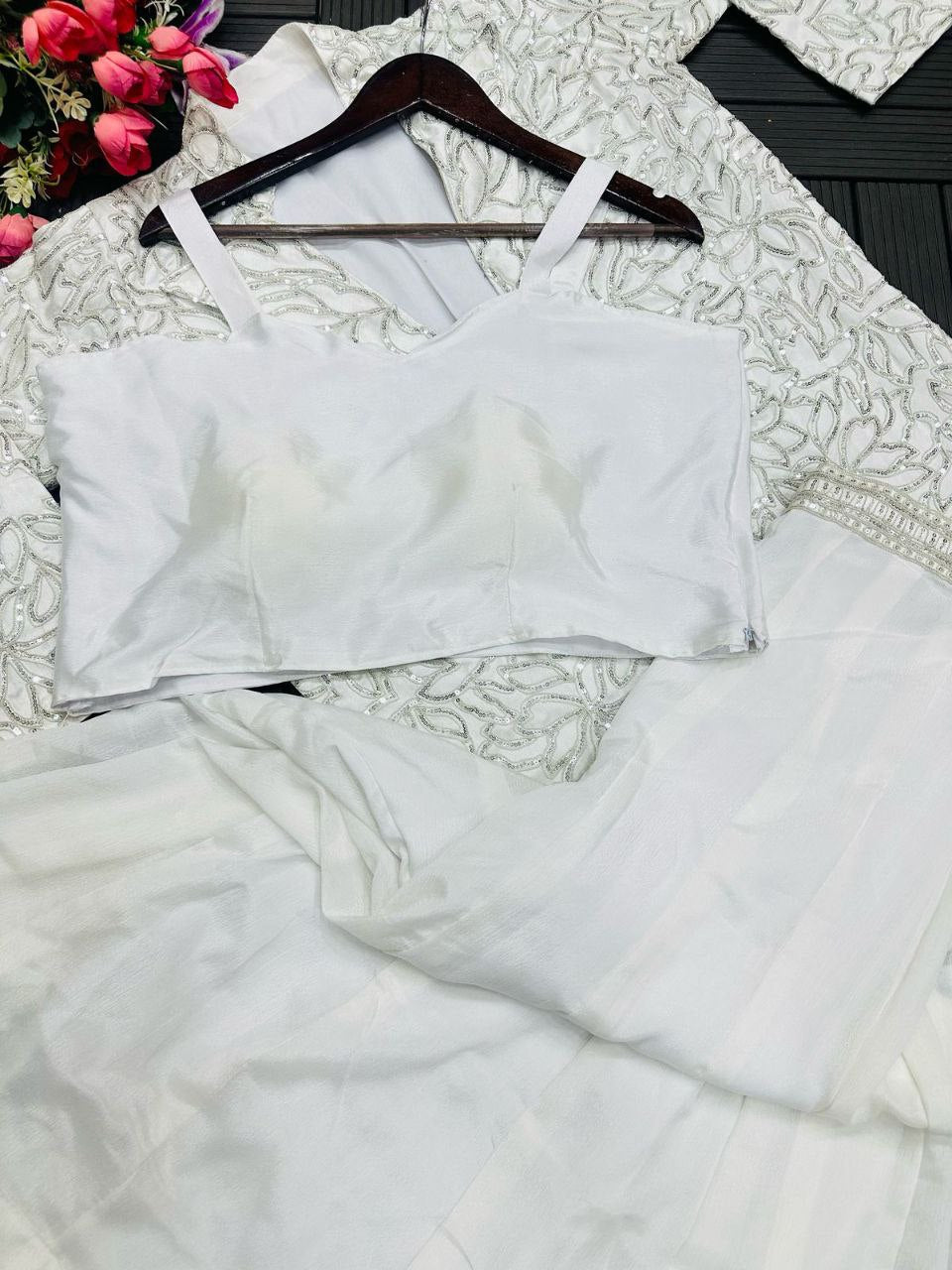 "Elegant Chinon Palazzo Set with Bangalore Embroidery Koti & Stitched Blouse"