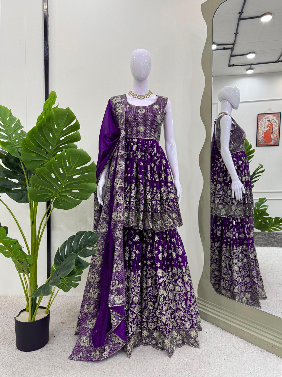 "Elegant Thread-Work Foux Georgette Sharara Set with Sequins and Lace Detailing"