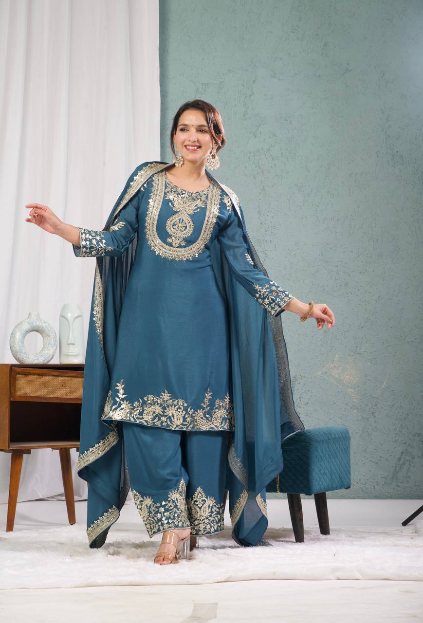 "Elegant Heavy Chinnon Silk Set with Intricate Embroidery & Coding Sequence Work"