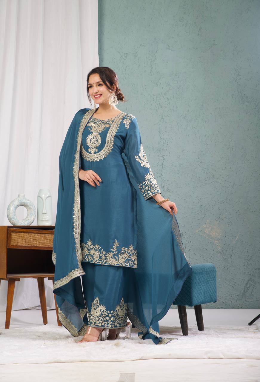 "Elegant Heavy Chinnon Silk Set with Intricate Embroidery & Coding Sequence Work"