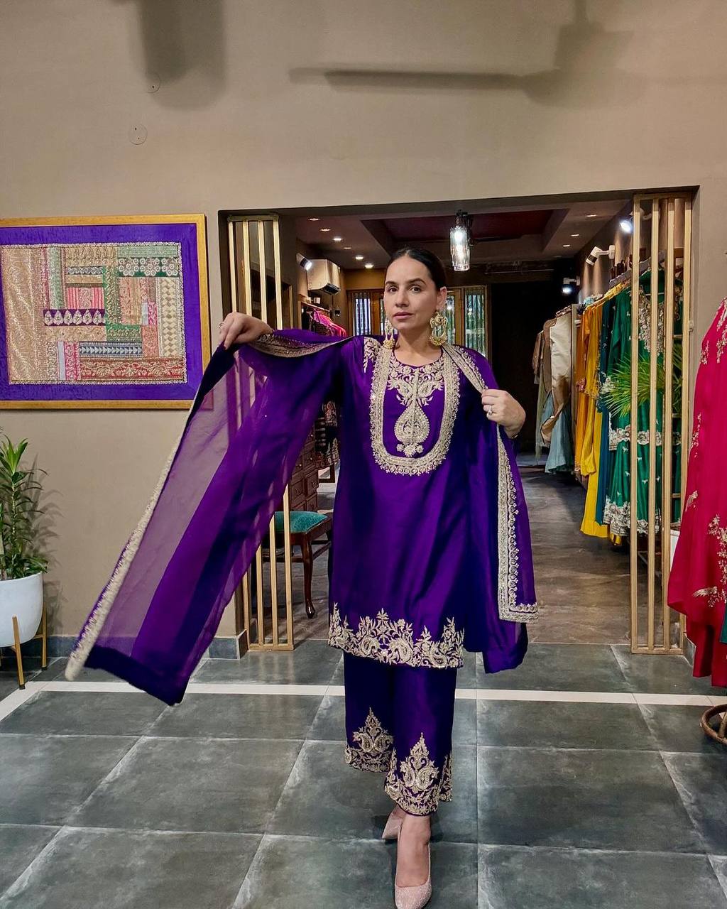 "Elegant Heavy Chinnon Silk Set with Intricate Embroidery & Coding Sequence Work"