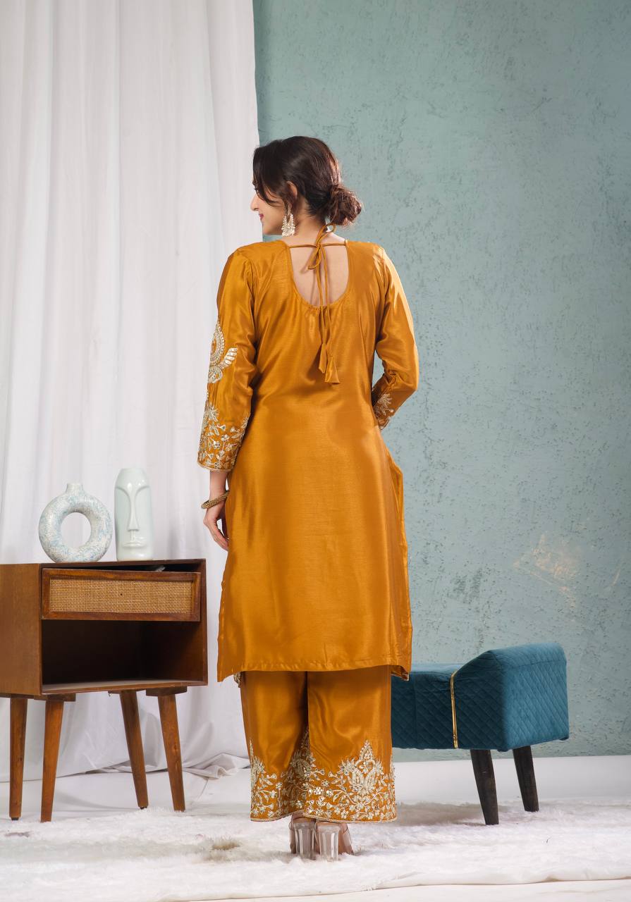 "Elegant Heavy Chinnon Silk Set with Intricate Embroidery & Coding Sequence Work"