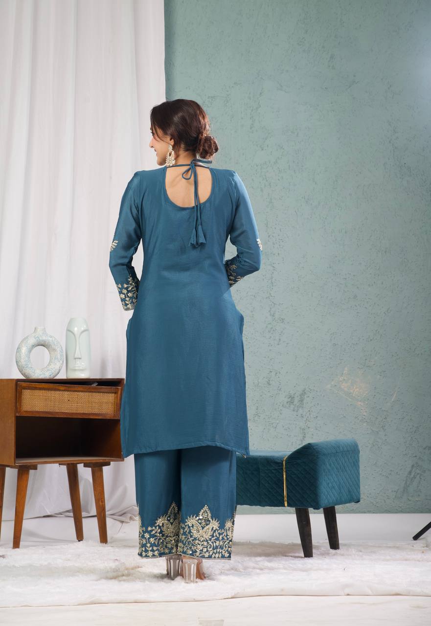 "Elegant Heavy Chinnon Silk Set with Intricate Embroidery & Coding Sequence Work"