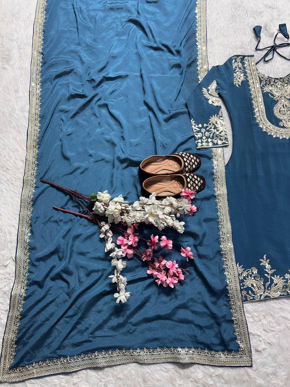"Elegant Heavy Chinnon Silk Set with Intricate Embroidery & Coding Sequence Work"