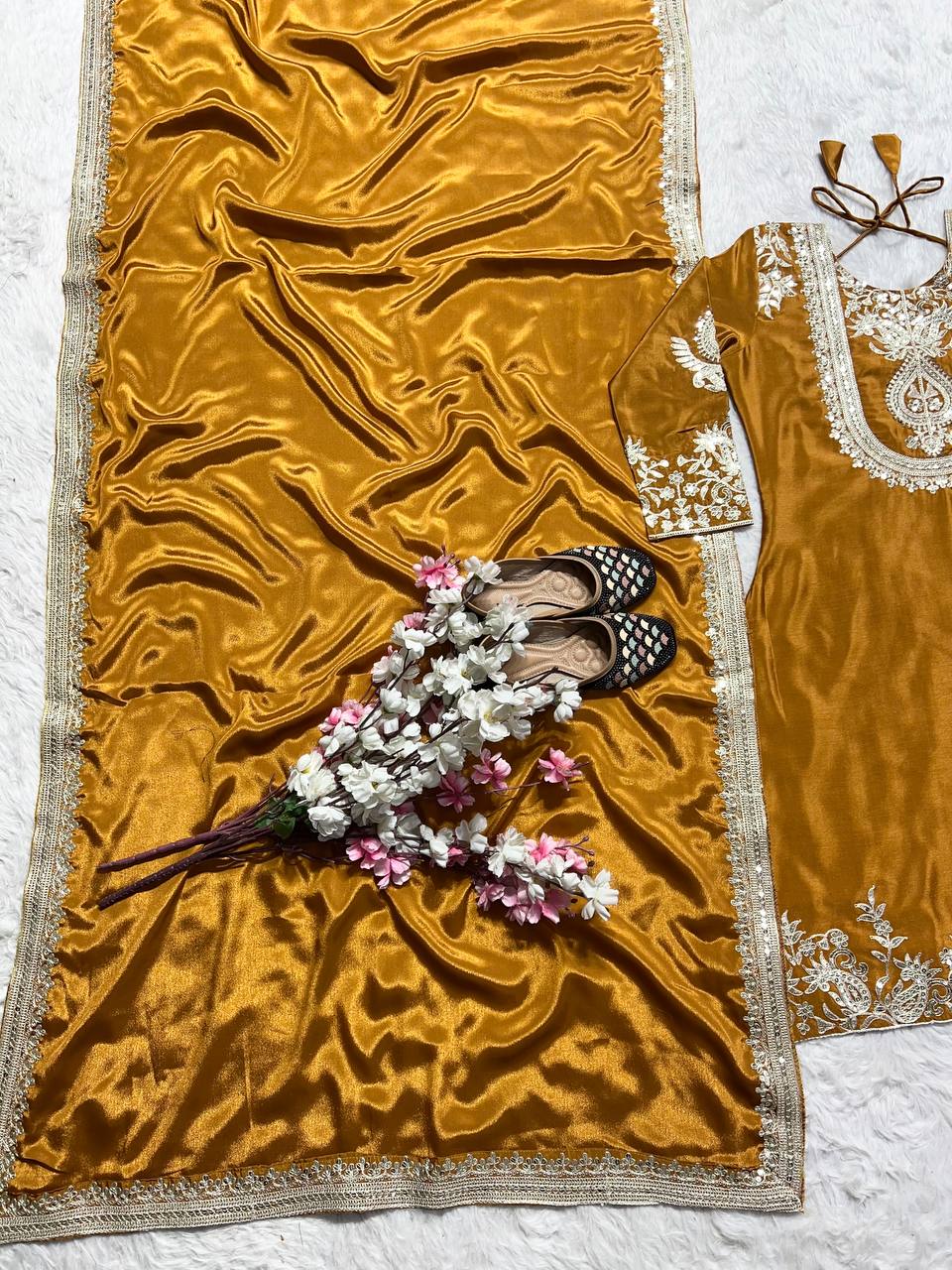"Elegant Heavy Chinnon Silk Set with Intricate Embroidery & Coding Sequence Work"