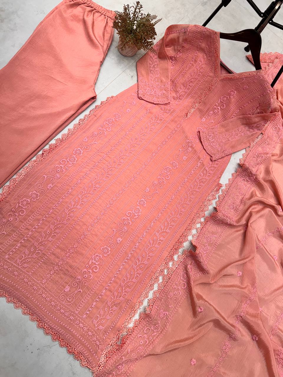 "Elegant Chinon Embroidered Top & Plazo Set with Silk Inner and GPO Lace Dupatta"