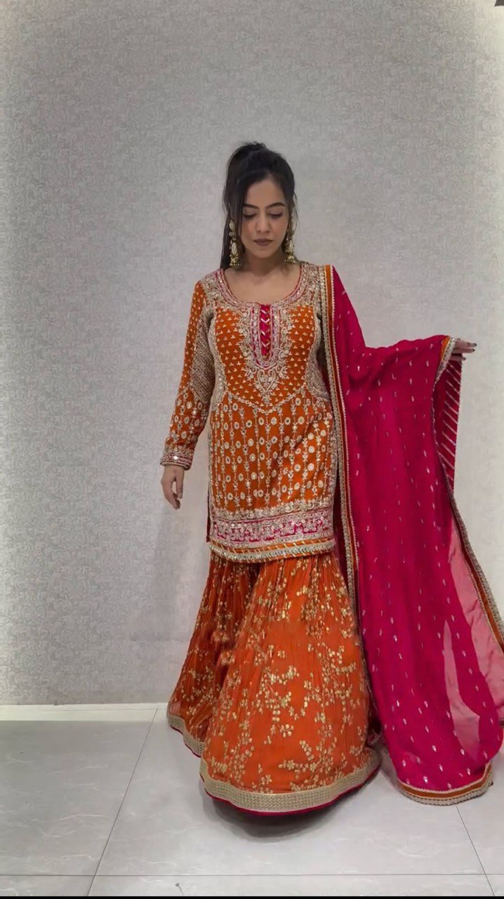 "Faux Georgette Top, Sharara & Dupatta Set β Sequin & Thread Work with Lace Border"