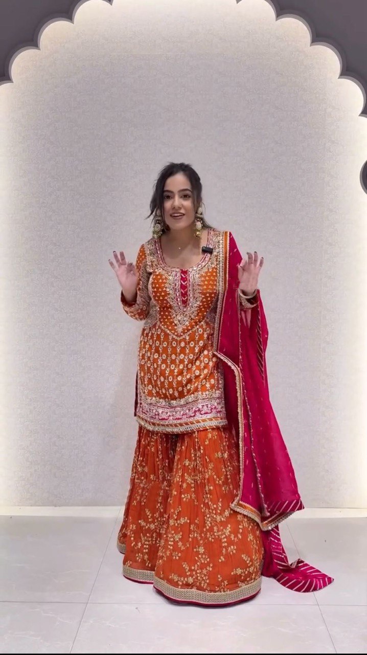 "Faux Georgette Top, Sharara & Dupatta Set β Sequin & Thread Work with Lace Border"
