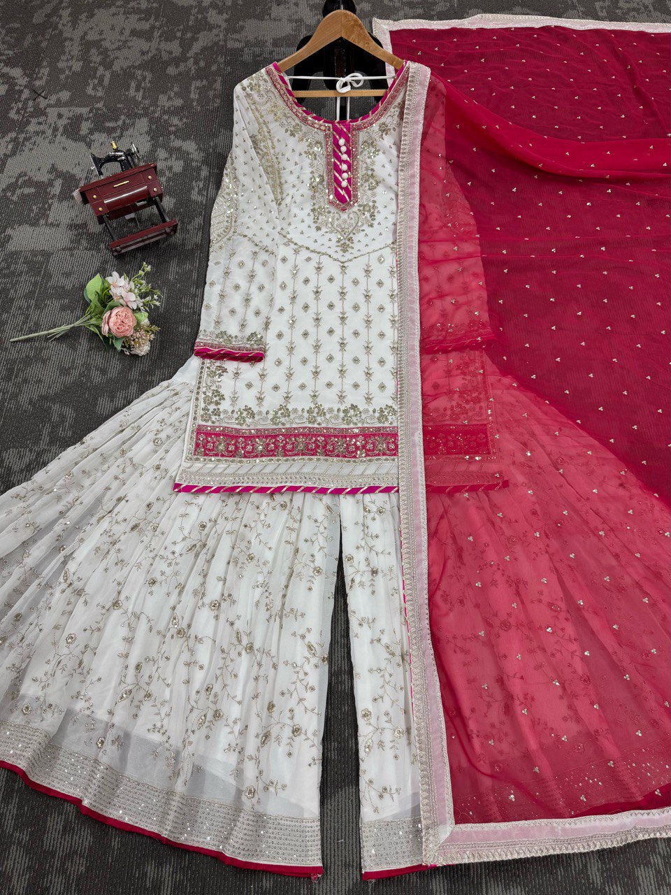 "Faux Georgette Top, Sharara & Dupatta Set β Sequin & Thread Work with Lace Border"