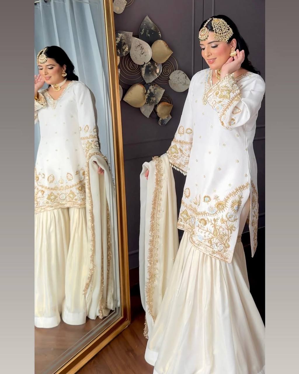 "Luxurious Crepe Silk Sequin Embroidered Sharara Set with Lace Details"