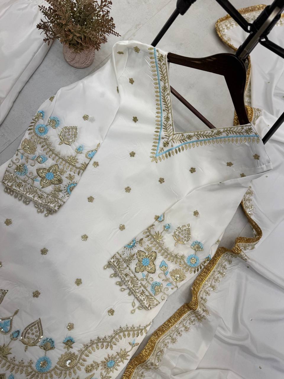 "Luxurious Crepe Silk Sequin Embroidered Sharara Set with Lace Details"