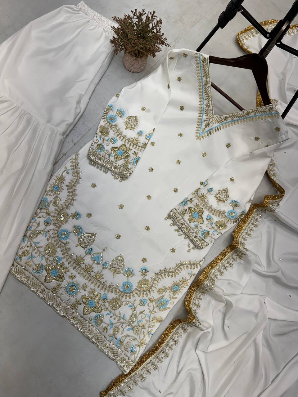 "Luxurious Crepe Silk Sequin Embroidered Sharara Set with Lace Details"