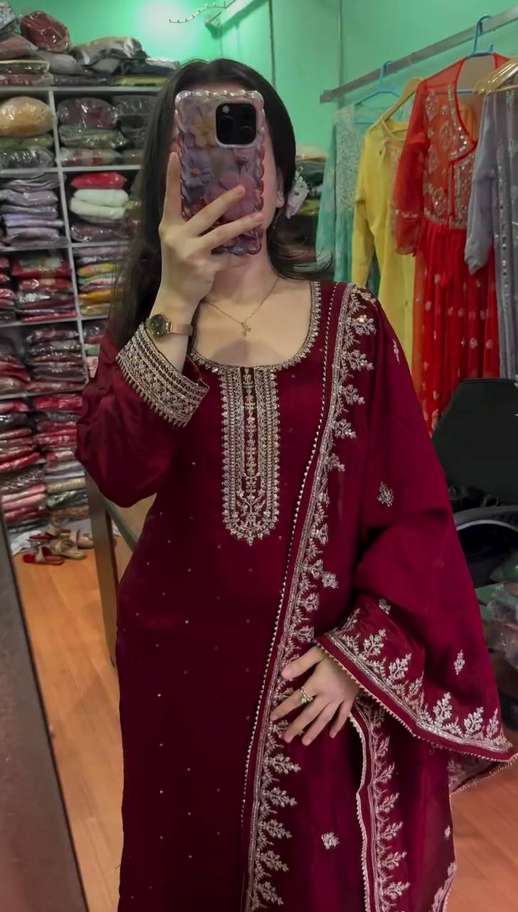 "Chinnon Silk Embroidered Top, Pant, and Dupatta Set with Heavy Sequence Work"
