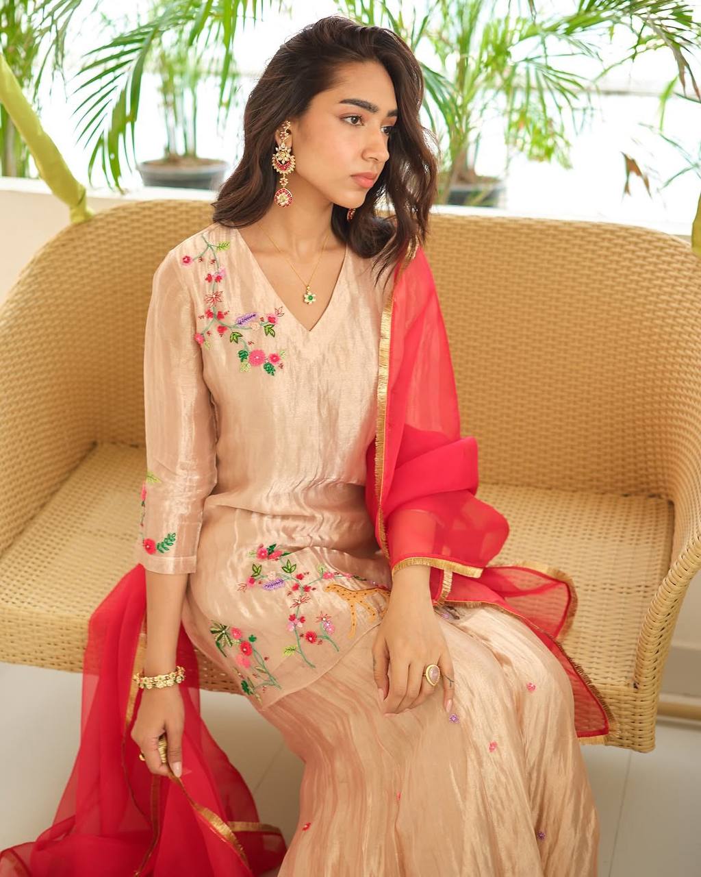 "Elegant Fendi Embroidered Set with Georgette Dupatta and Circular Plazo"