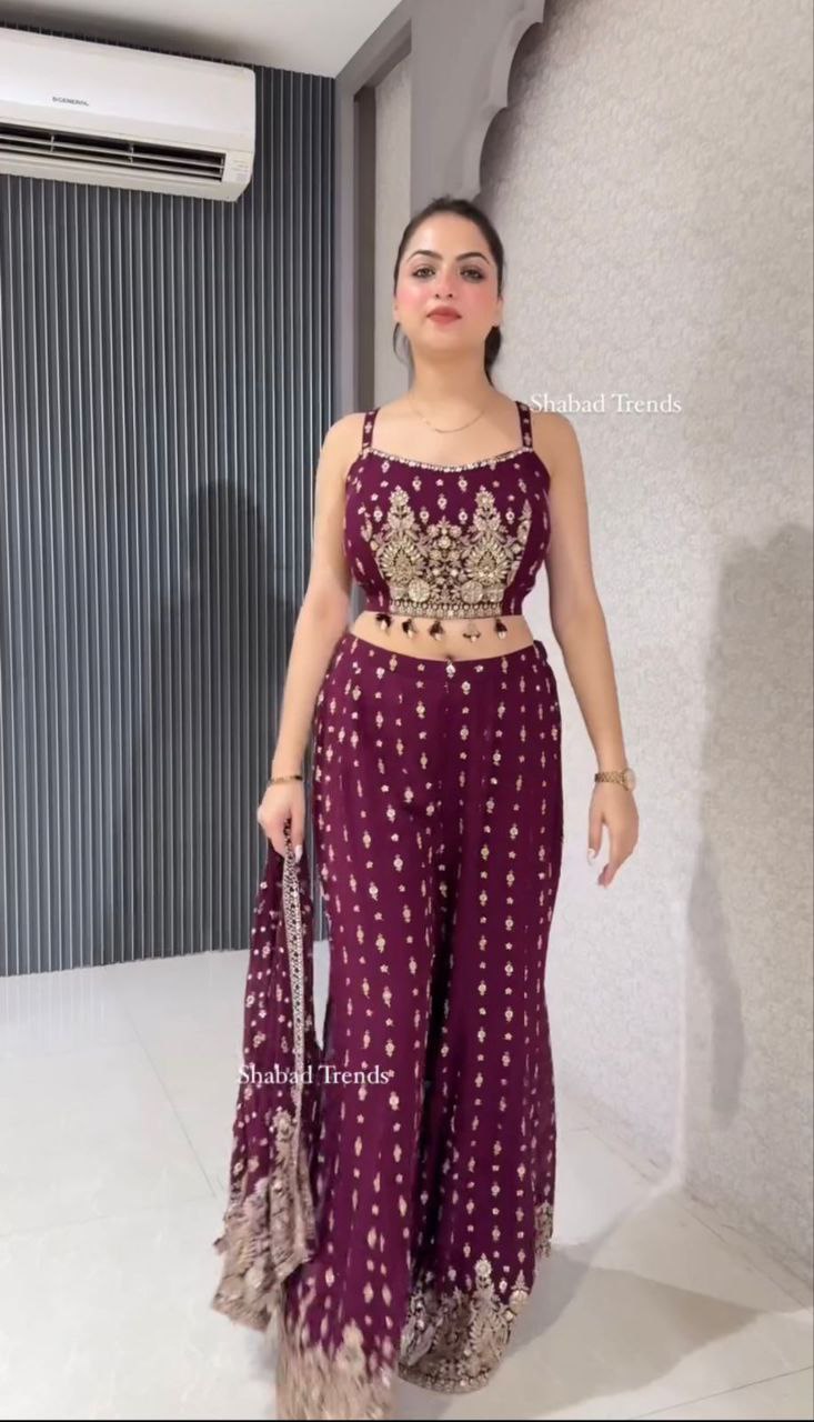 "Elegant Georgette Palazzo Set with Embroidery Sequence Work and Fancy Koti"