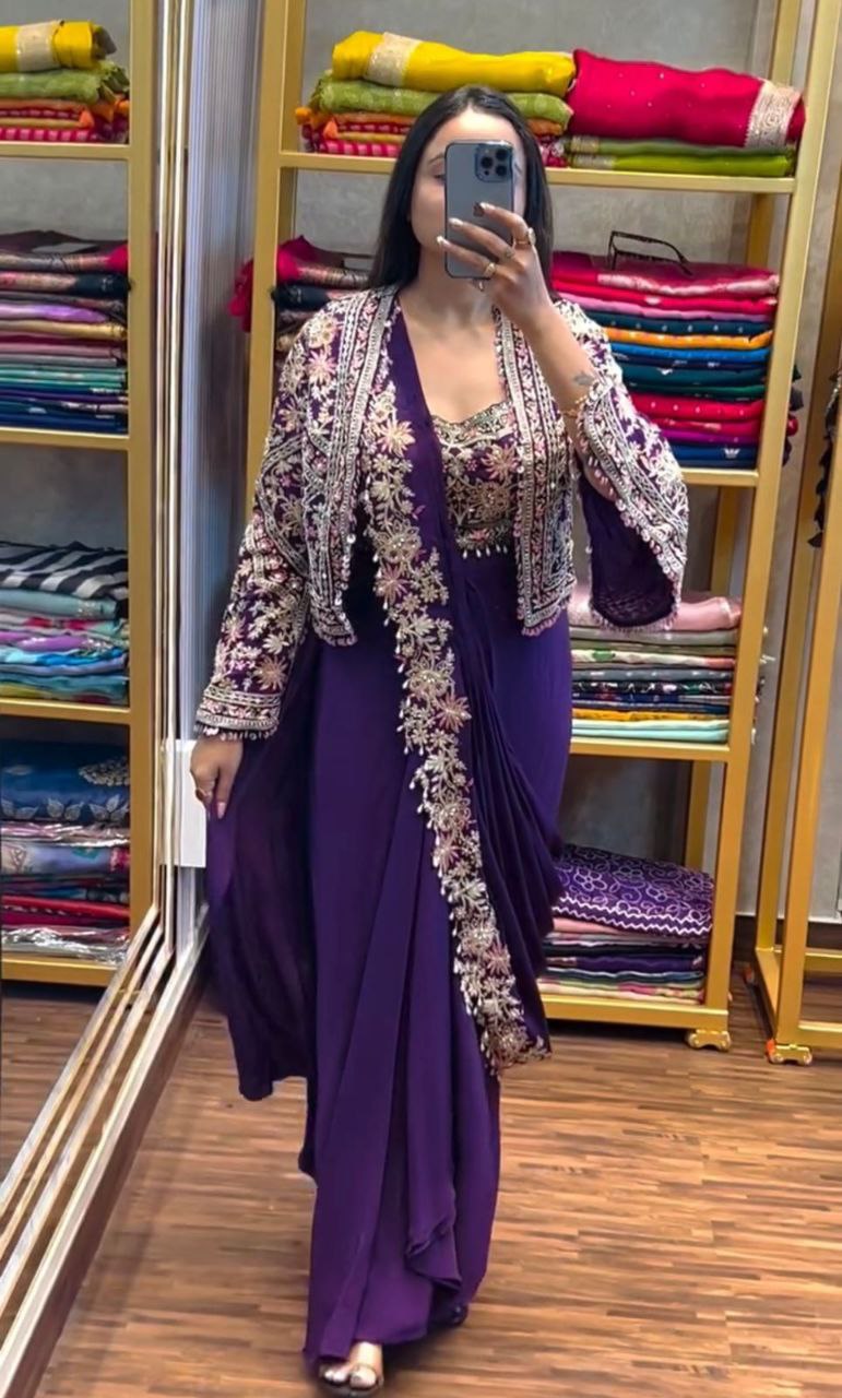 "Elegant Embroidered Chinon Saree with Banglori Jacket & Blouse"