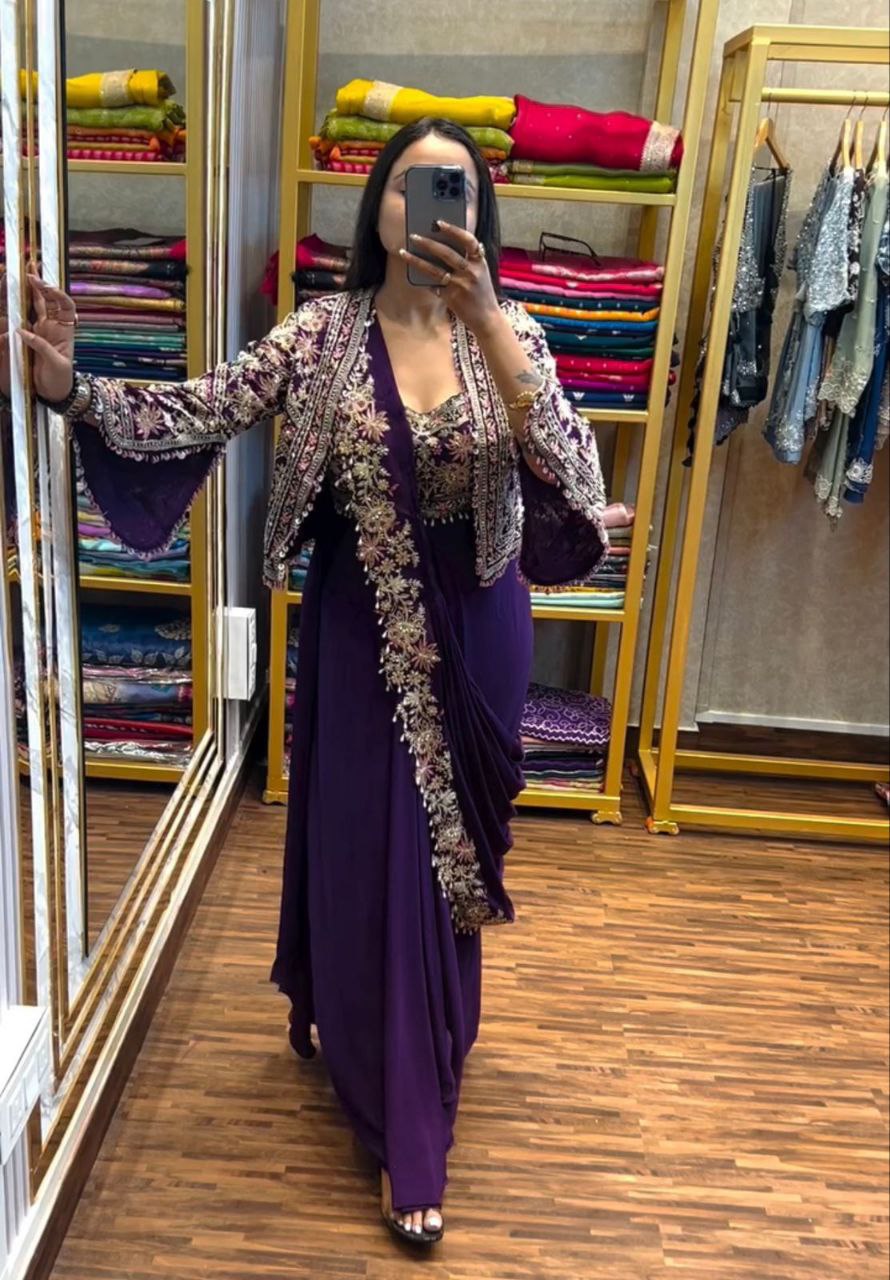 "Elegant Embroidered Chinon Saree with Banglori Jacket & Blouse"