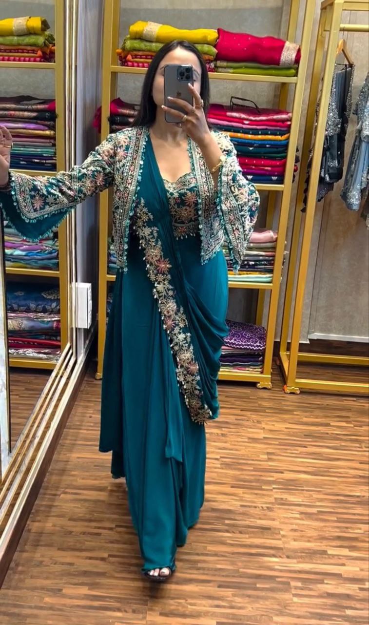 "Elegant Embroidered Chinon Saree with Banglori Jacket & Blouse"
