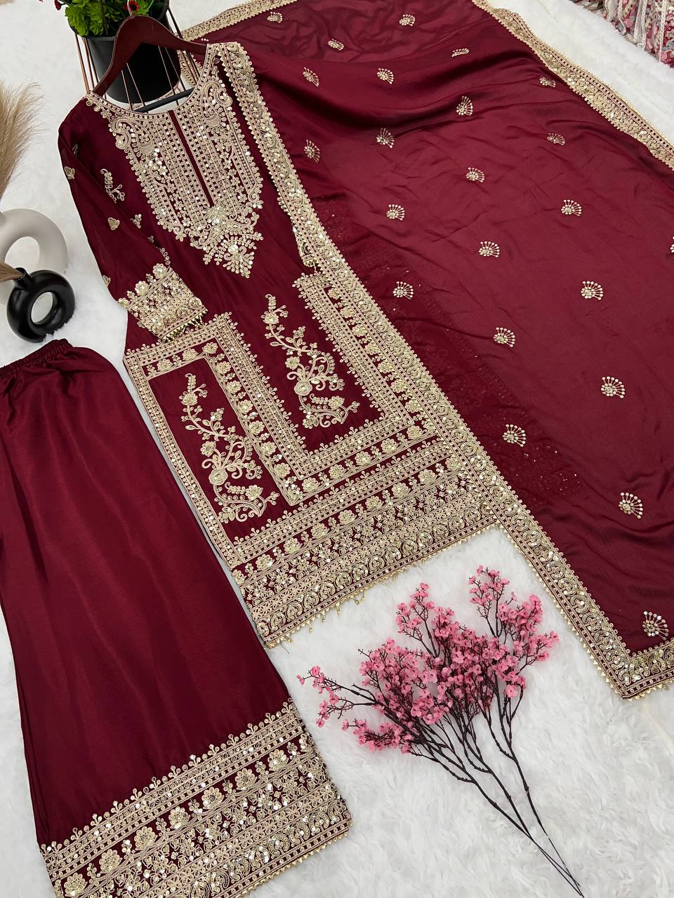 Pure Chinnon Silk Kurta Palazzo with Dupatta