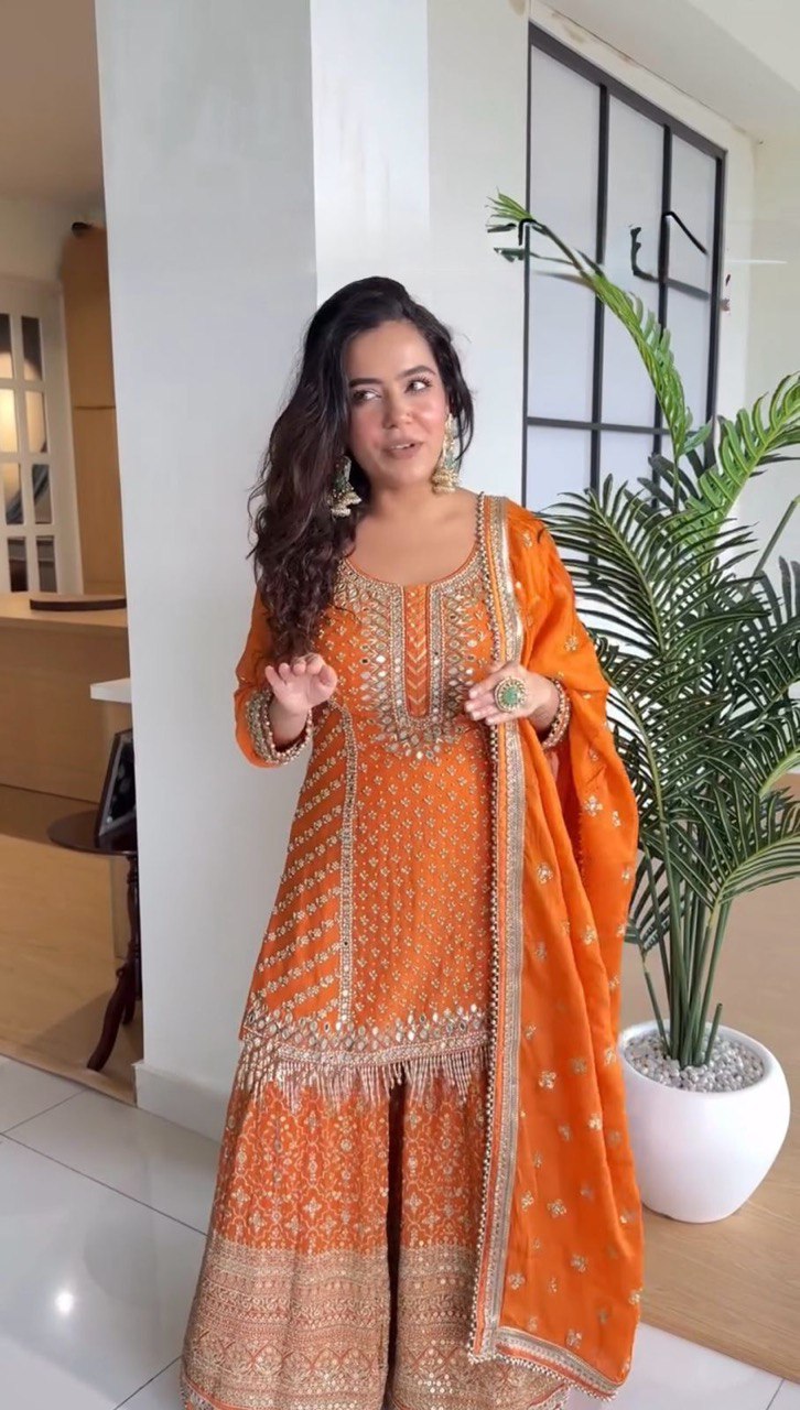 "Elegant Sequins: Foux Gorgette Top & Sharara Set"