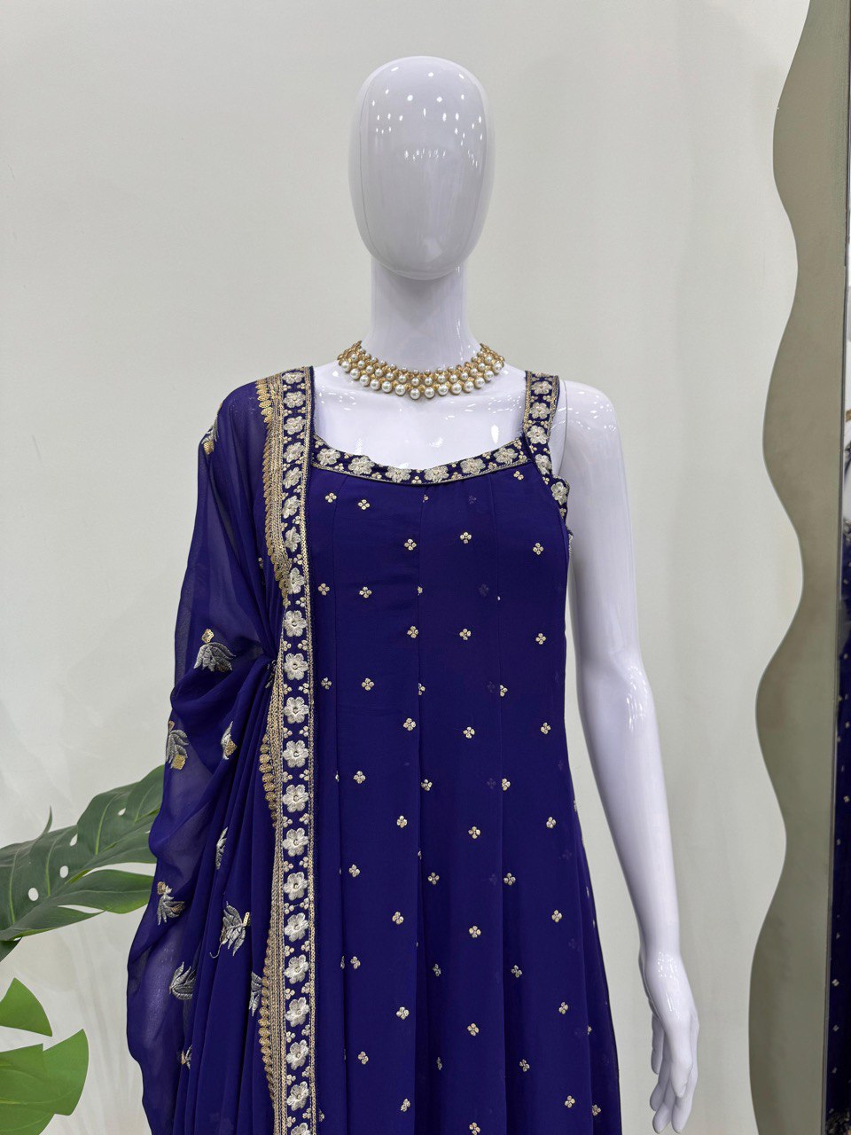 "Elegant Foux Gorgette Ensemble with Sequins and Lace Detailing"
