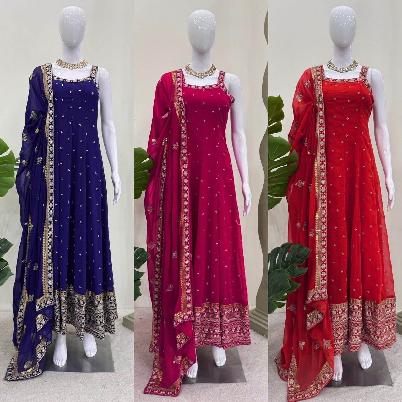 "Elegant Foux Gorgette Ensemble with Sequins and Lace Detailing"