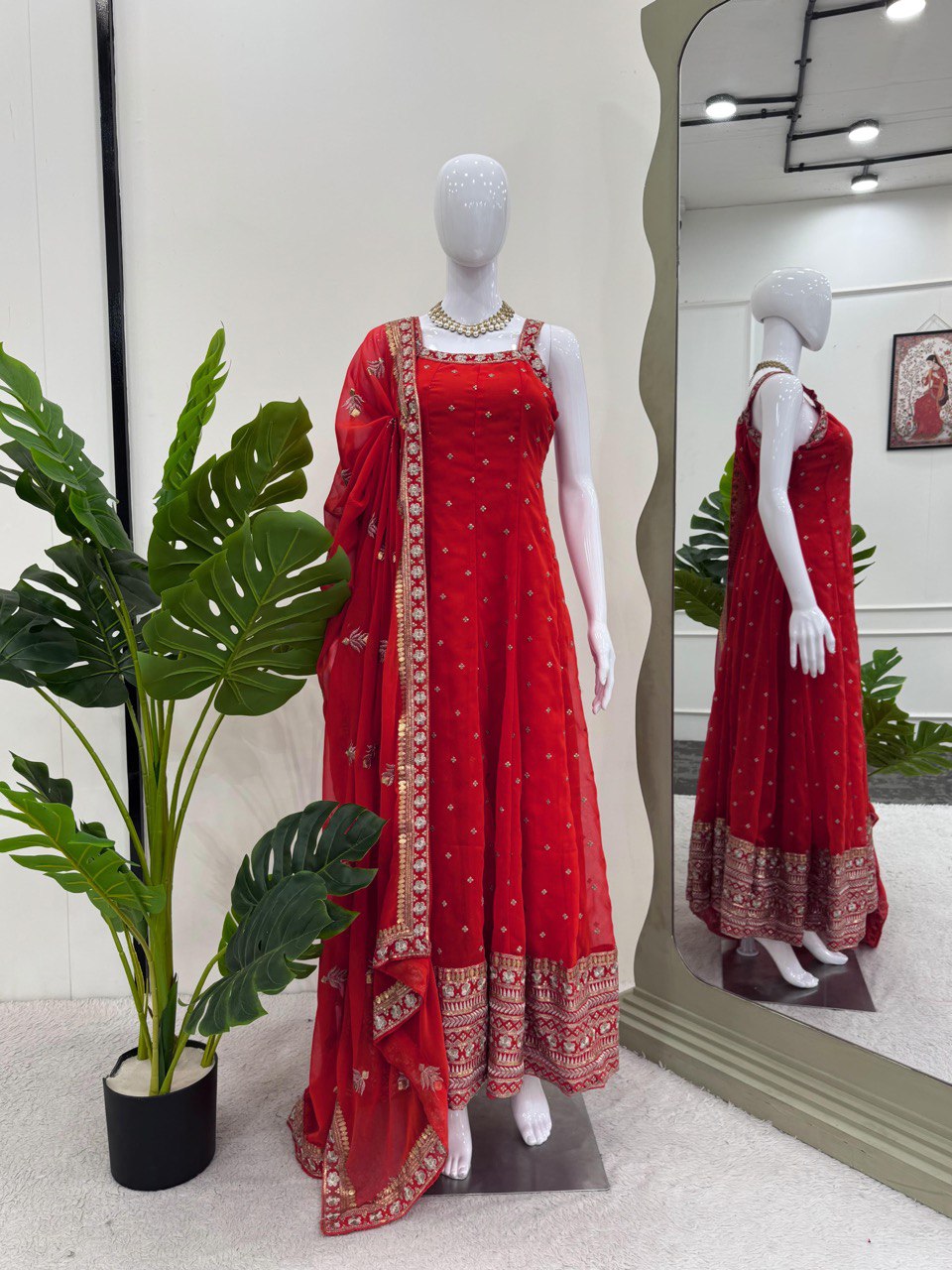 "Elegant Foux Gorgette Ensemble with Sequins and Lace Detailing"