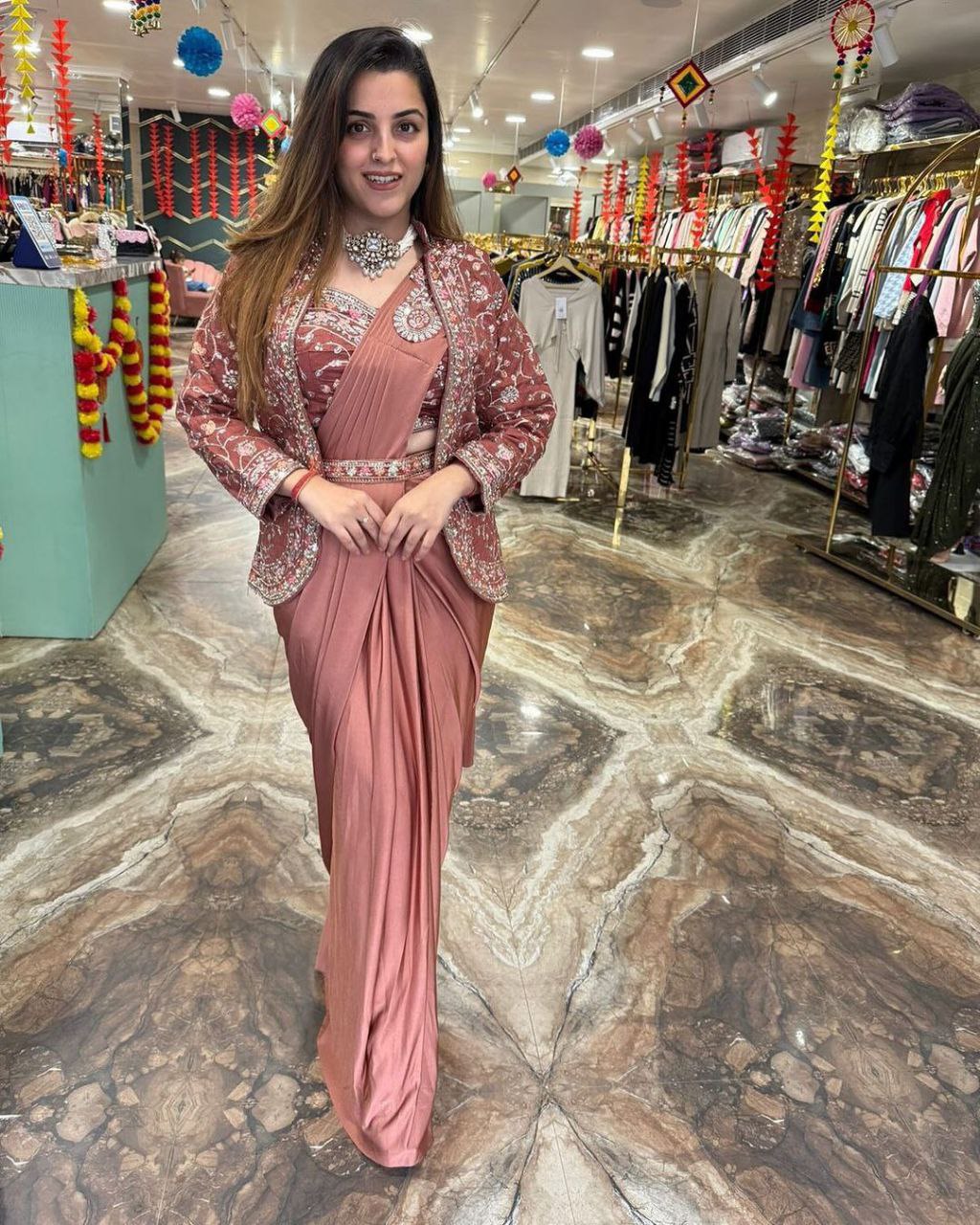 "Elegant Satin Embroidered Saree with Jalpari Jacket and Embroidery Belt"