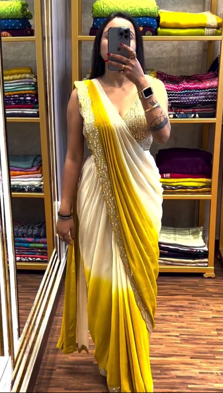 "Elegant Heavy Chinon Saree with Mirror Embroidery and Digital Print"